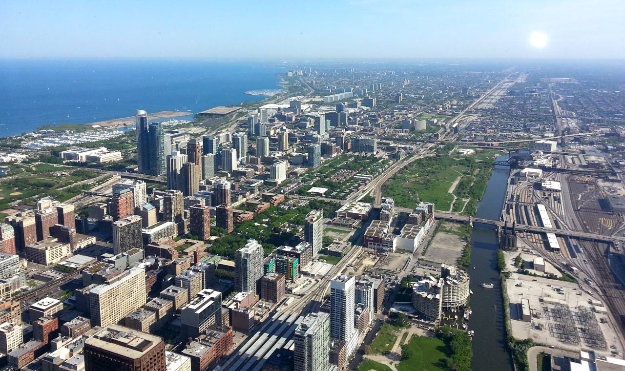 chicago downtown picture taken from low flying airplane