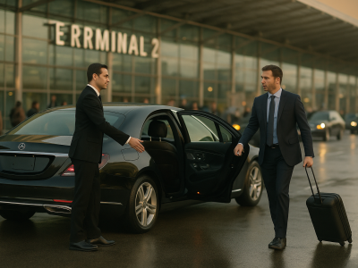 Executive limo pickup at OHare Airport in Chicago chauffeur opening door for business traveler