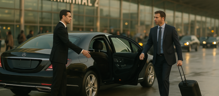 Executive limo pickup at OHare Airport in Chicago chauffeur opening door for business traveler