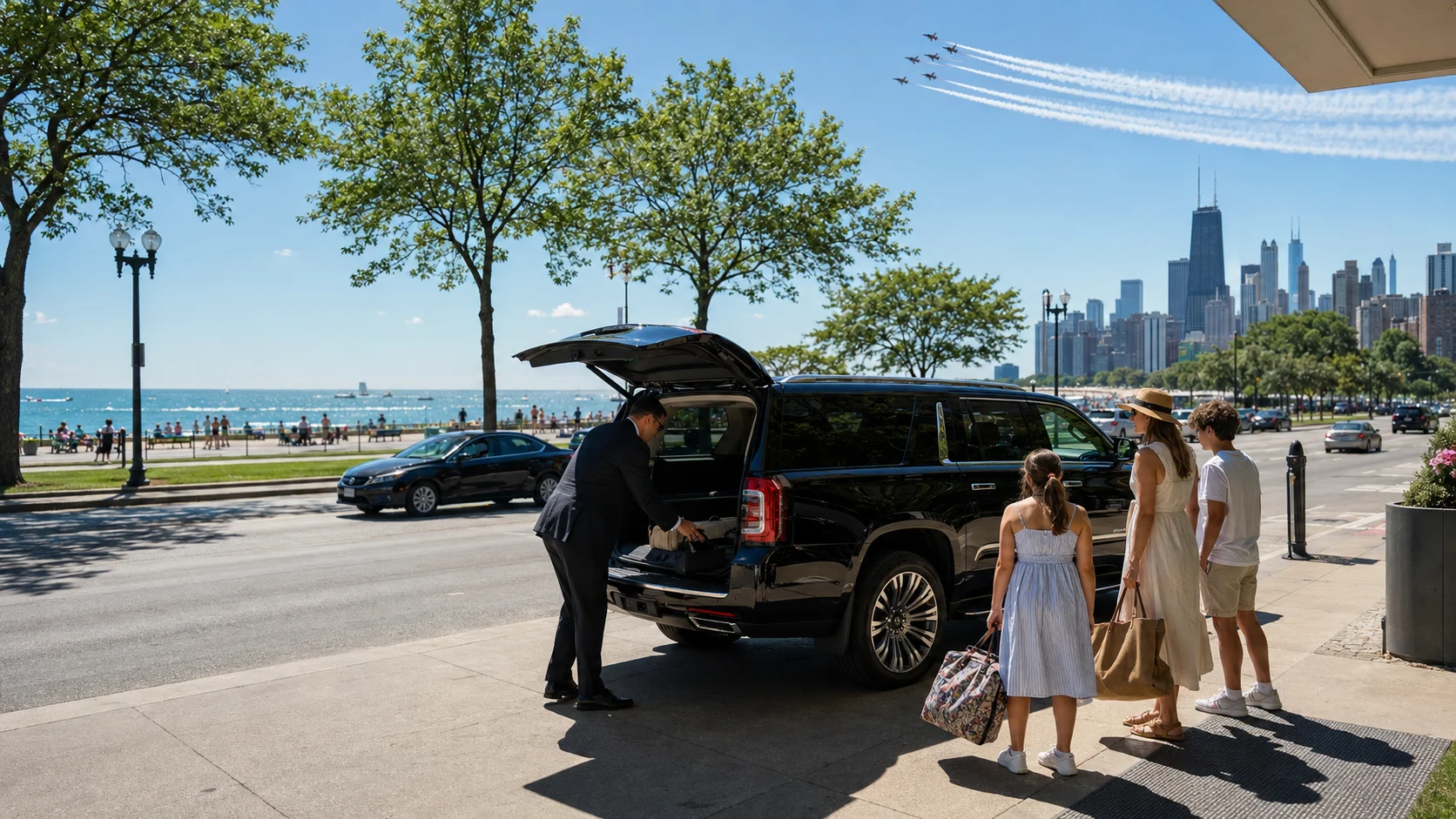 chicago-air-water-show-transportation - Go Chicago Limo Chauffeured SUV transportation near the Chicago lakefront during the Air and Water Show