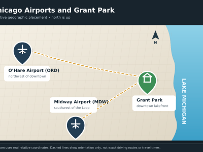 Map showing O’Hare Airport, Midway Airport, and Grant Park in Chicago