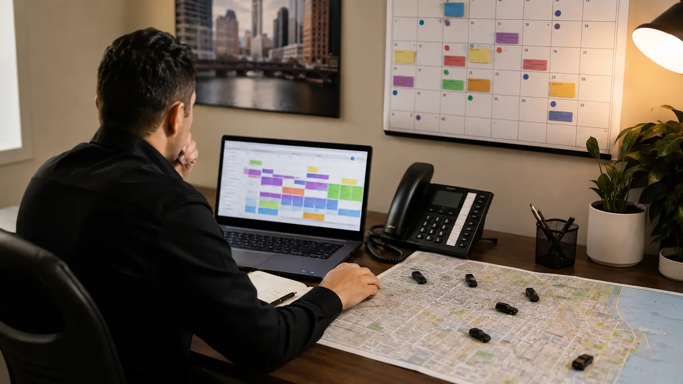 Dispatcher planning Chicago limousine reservations on a busy calendar