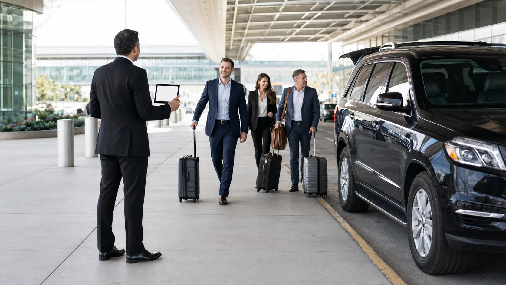 Chauffeur greeting corporate travelers at a Chicago airport
