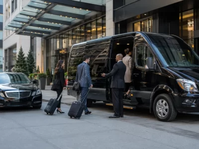 Corporate group boarding an executive van at a downtown Chicago hotel