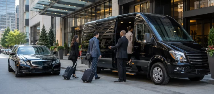 Corporate group boarding an executive van at a downtown Chicago hotel