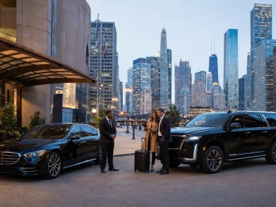 Three business professionals talk beside two black luxury cars on a city street with tall skyscrapers in the background.