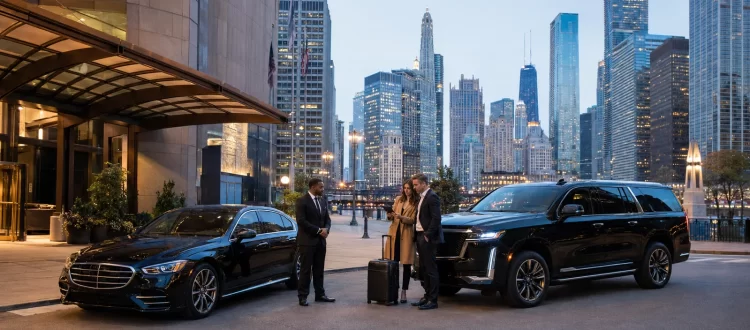 Three business professionals talk beside two black luxury cars on a city street with tall skyscrapers in the background.