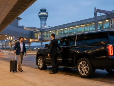 Black chauffeured SUV picking up a traveler at Chicago O’Hare Airport