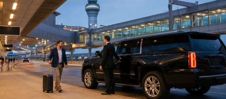 Black chauffeured SUV picking up a traveler at Chicago O’Hare Airport