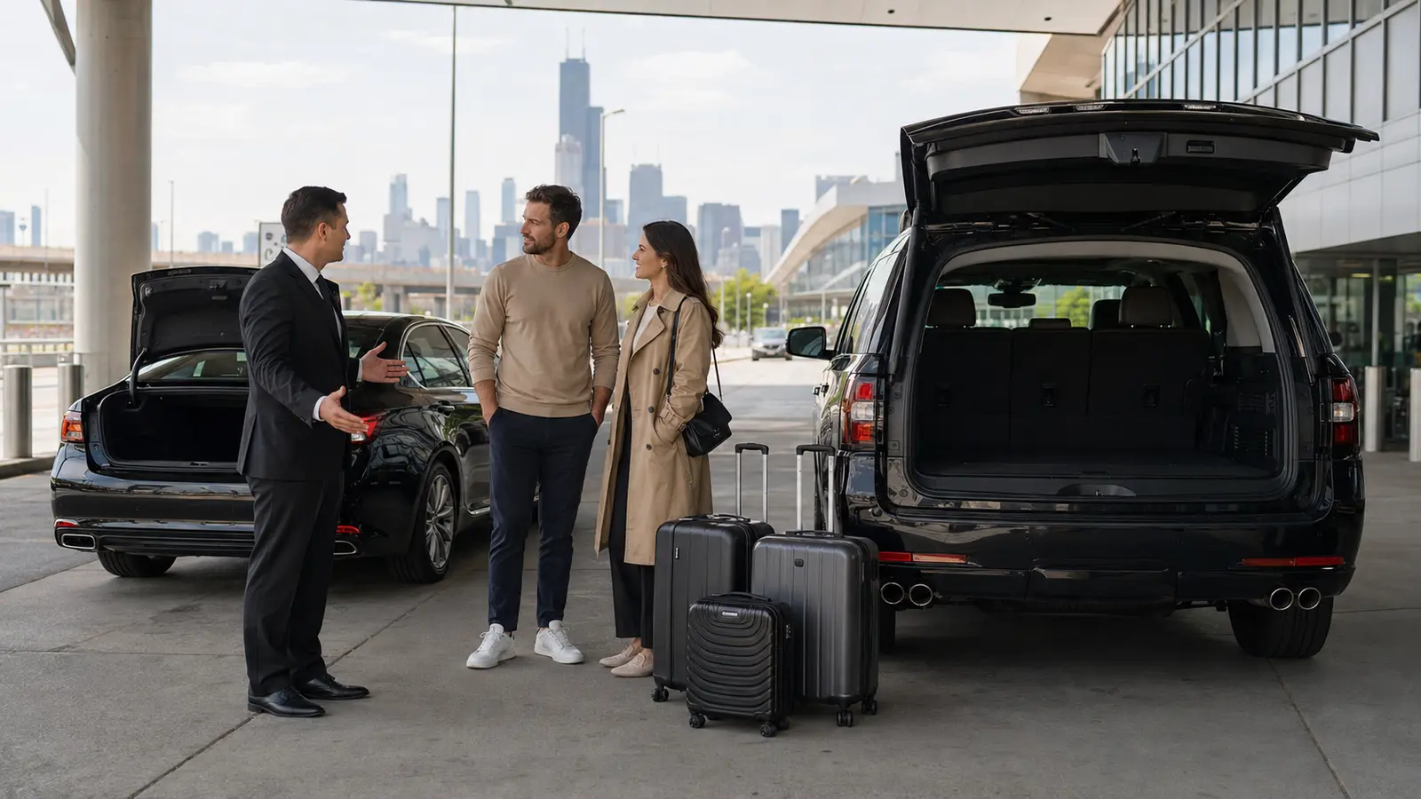 Travelers comparing sedan and SUV luggage space at a Chicago airport