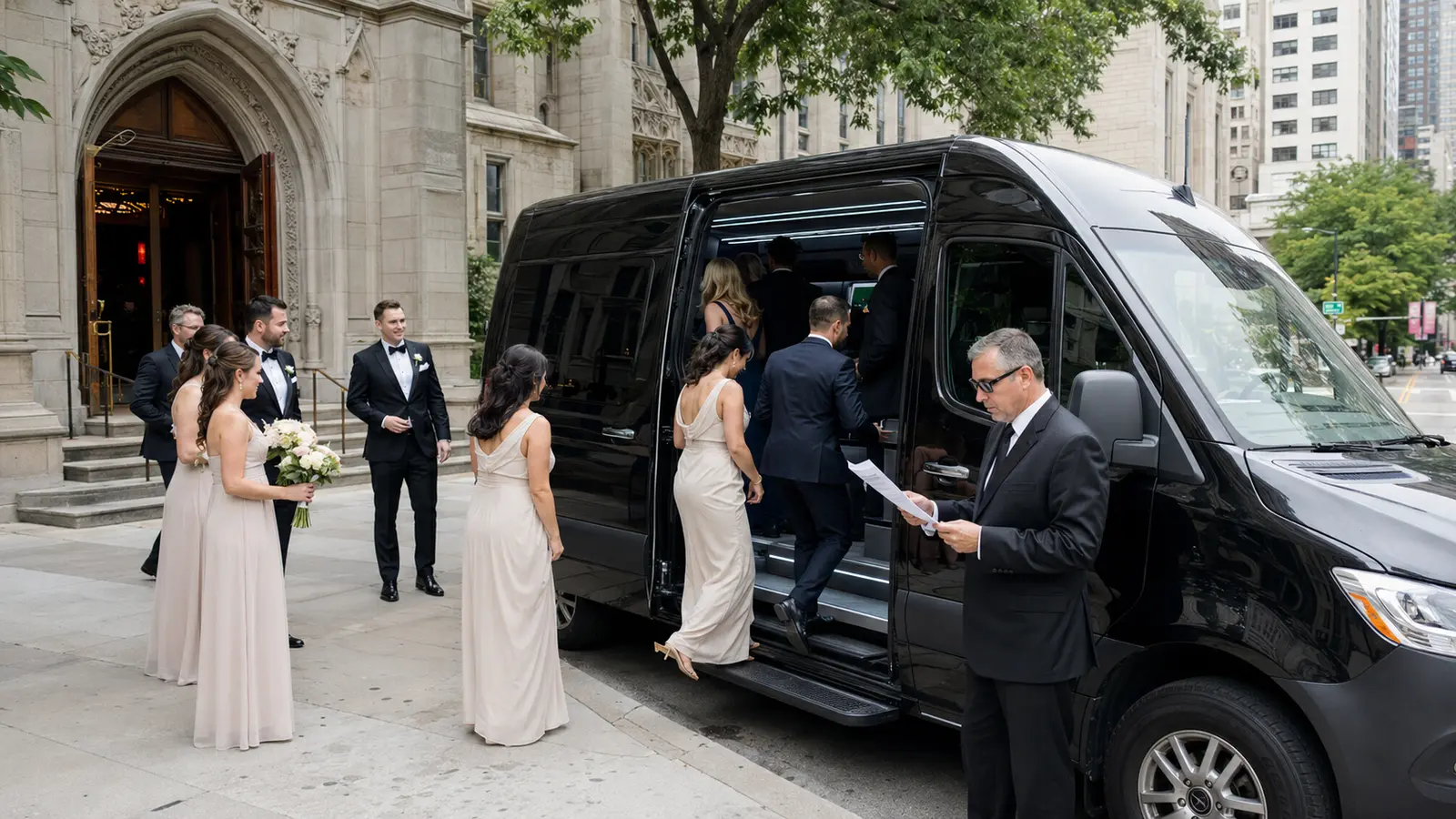 Chicago wedding party boarding a chauffeured passenger van