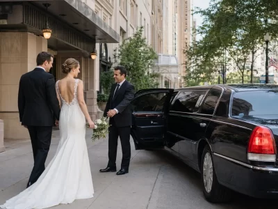 Bride and groom entering a black wedding limousine at a Chicago hotel