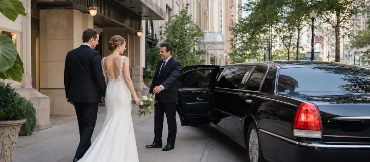 Bride and groom entering a black wedding limousine at a Chicago hotel