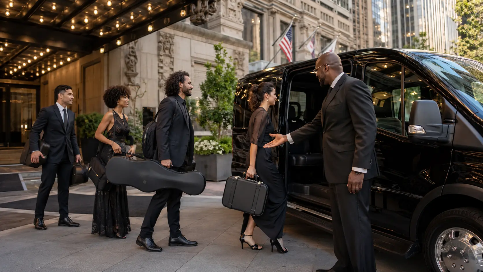 Performing arts group boarding an executive van at a Chicago hotel