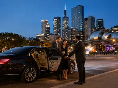 Private sedan arriving near Millennium Park for the 2026 Chicago Jazz Festival