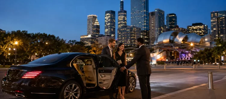 Private sedan arriving near Millennium Park for the 2026 Chicago Jazz Festival