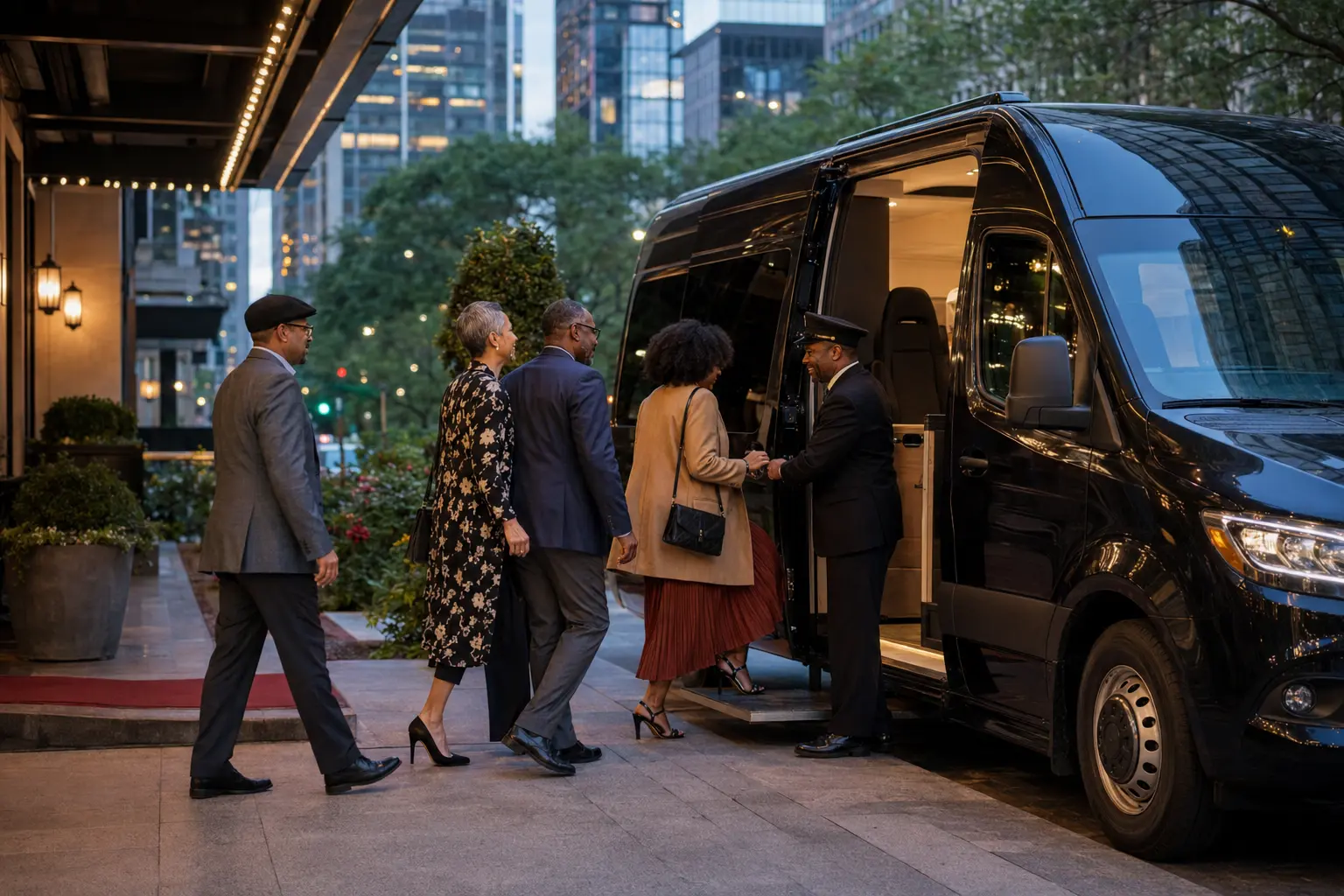 Jazz festival visitors boarding an executive van at a Chicago hotel