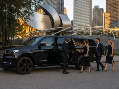 Visitors meeting a black executive SUV near Millennium Park before Chicago Gourmet