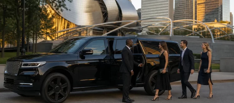 Visitors meeting a black executive SUV near Millennium Park before Chicago Gourmet
