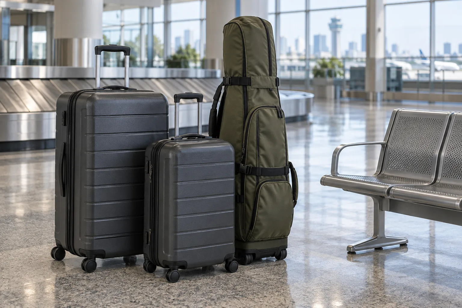 Oversized bags for an airport transfer - Go Chicago Limo Two roller suitcases and an olive golf travel bag beside an airport bench