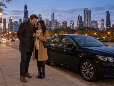 Two visitors check a phone beside an unbranded sedan near Grant Park at autumn dusk