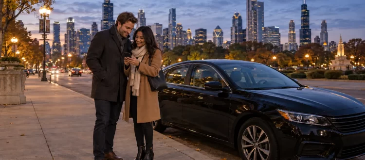 Two visitors check a phone beside an unbranded sedan near Grant Park at autumn dusk