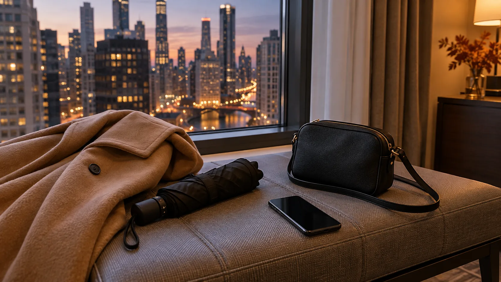 Hotel preparation for an autumn event - Go Chicago Limo A coat, umbrella, small bag, and dark-screen phone rest beside a Chicago hotel window