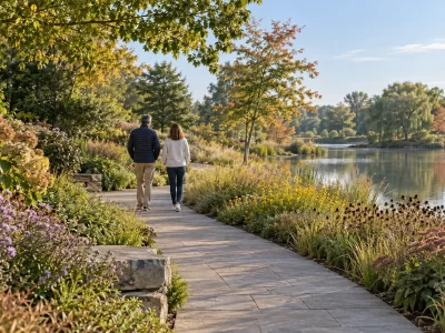 Two adults walk along a curving paved path beside a lake and early autumn garden plantings