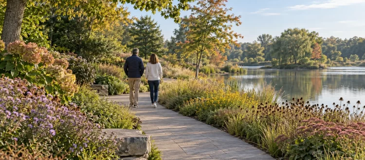 Two adults walk along a curving paved path beside a lake and early autumn garden plantings