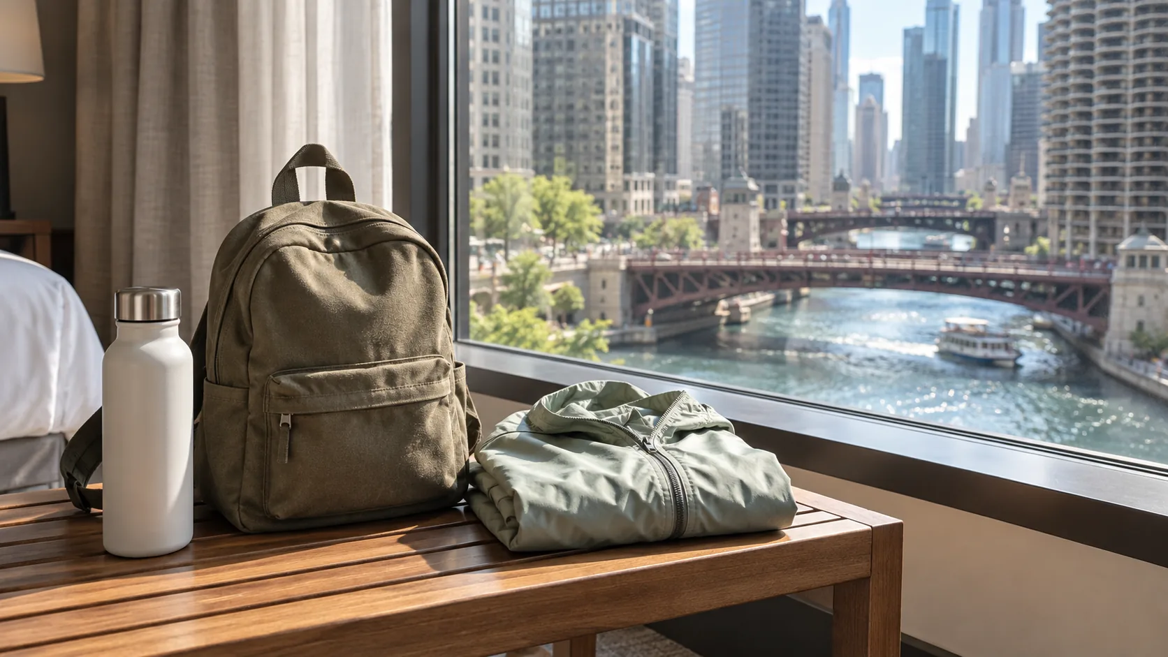 Day bag ready for a Chicago garden outing - Go Chicago Limo Canvas backpack, plain water bottle and folded jacket on a hotel bench overlooking the Chicago River