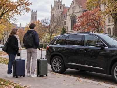 Two travelers with roller suitcases beside a dark SUV and autumn campus buildings