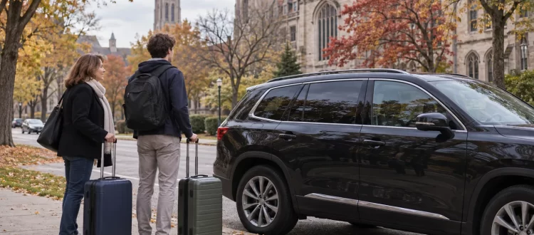 Two travelers with roller suitcases beside a dark SUV and autumn campus buildings