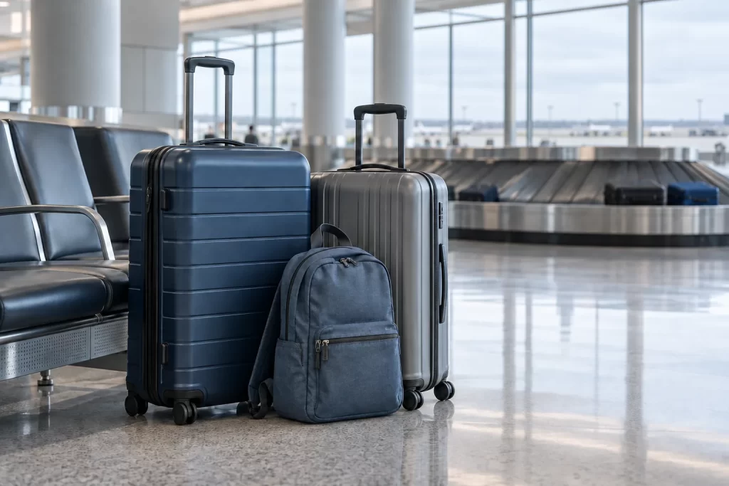 Bags collected before calling for the car - Go Chicago Limo Two suitcases and a backpack beside airport seats with a baggage belt behind them