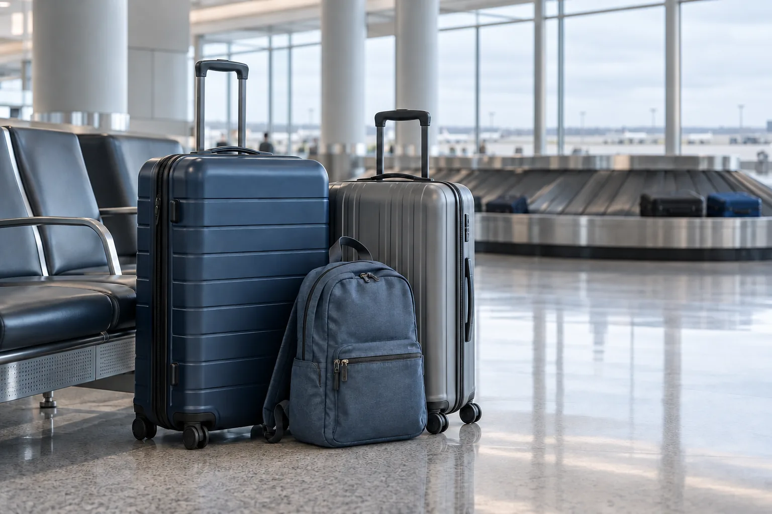 Bags collected before calling for the car - Go Chicago Limo Two suitcases and a backpack beside airport seats with a baggage belt behind them