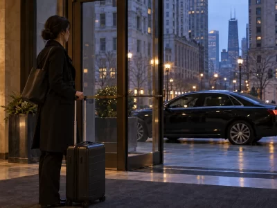Traveler with a rolling suitcase inside a Chicago hotel entrance with a black sedan outside