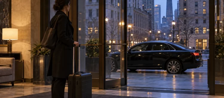Traveler with a rolling suitcase inside a Chicago hotel entrance with a black sedan outside