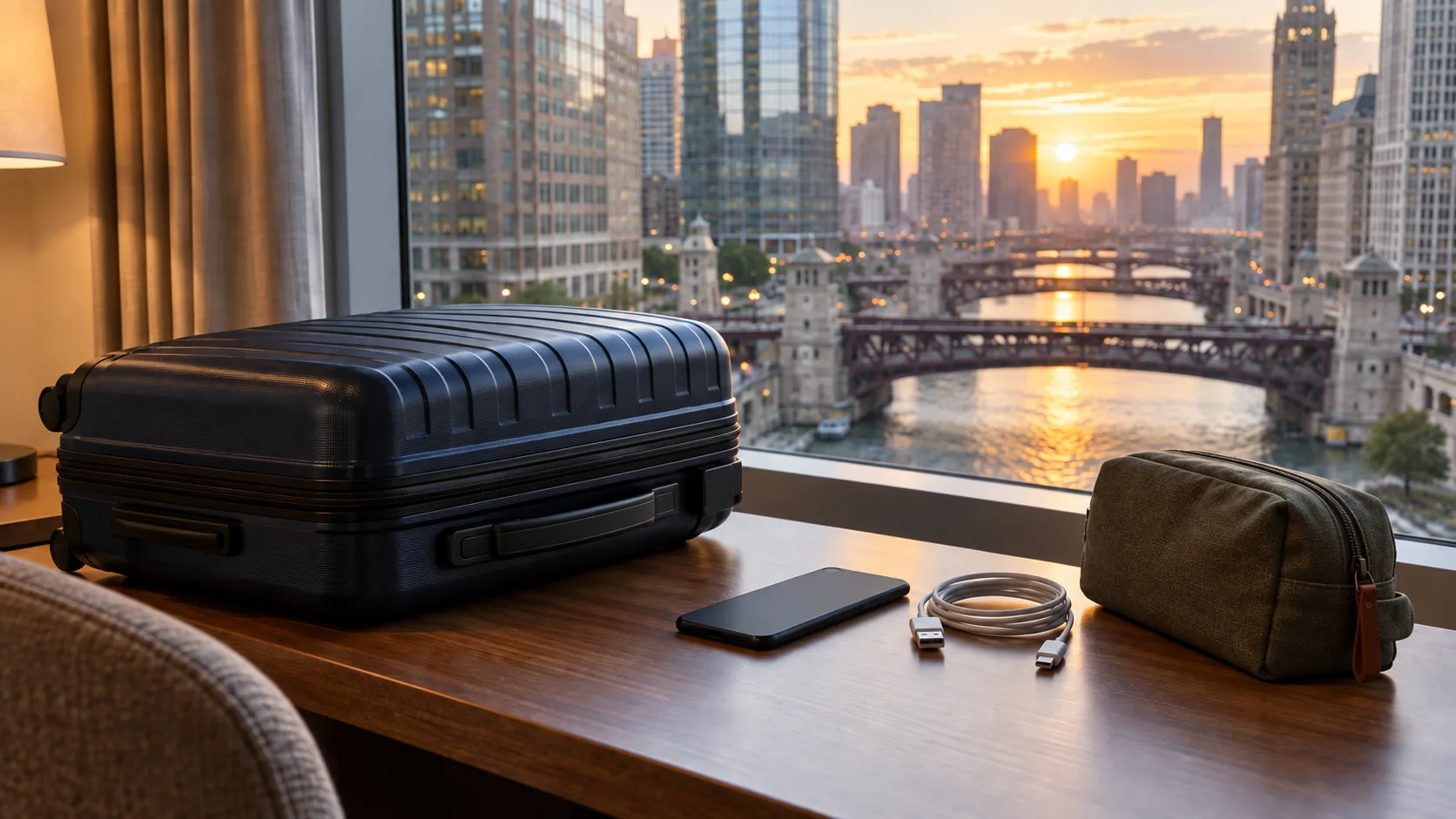 Last belongings gathered before hotel checkout - Go Chicago Limo Suitcase, phone, charging cable and toiletry pouch on a hotel desk overlooking the Chicago River