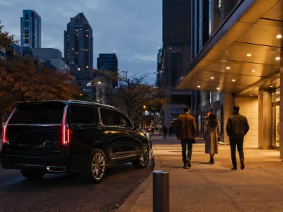 Filmgoers approaching a black executive SUV outside a Chicago cinema at autumn dusk