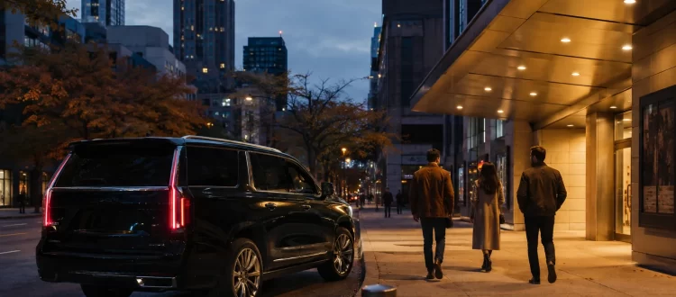 Filmgoers approaching a black executive SUV outside a Chicago cinema at autumn dusk