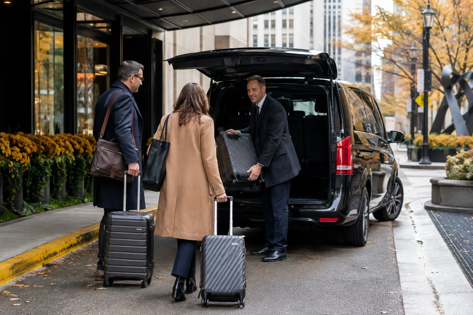 Chicago Airport and Hotel Transfer Planning - Go Chicago Limo Travelers with luggage meeting a black executive van at a Chicago hotel curb