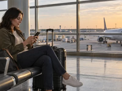 A traveler checks a phone beside an upright carry-on in an airport concourse at sunset