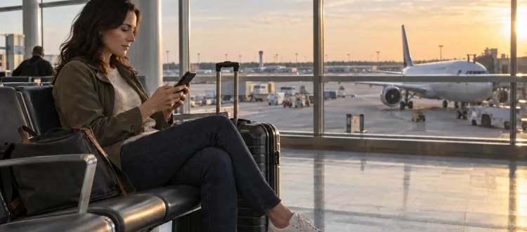 A traveler checks a phone beside an upright carry-on in an airport concourse at sunset