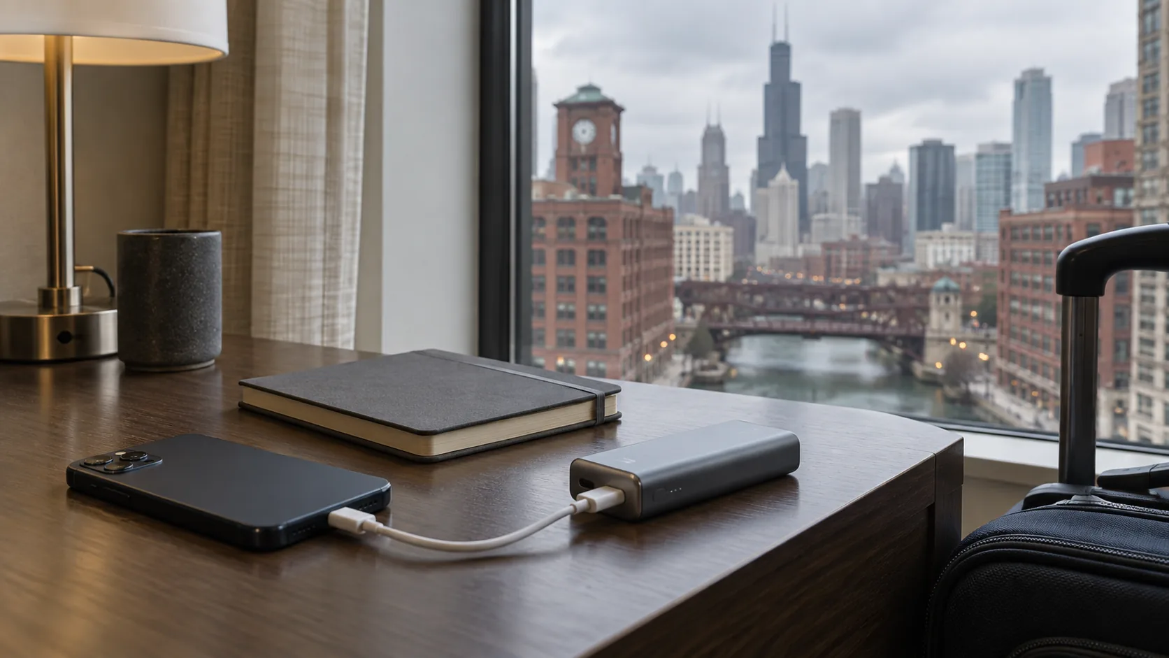 Keeping travel communication within reach - Go Chicago Limo A phone connected to a power bank beside a closed notebook and suitcase in a Chicago hotel room