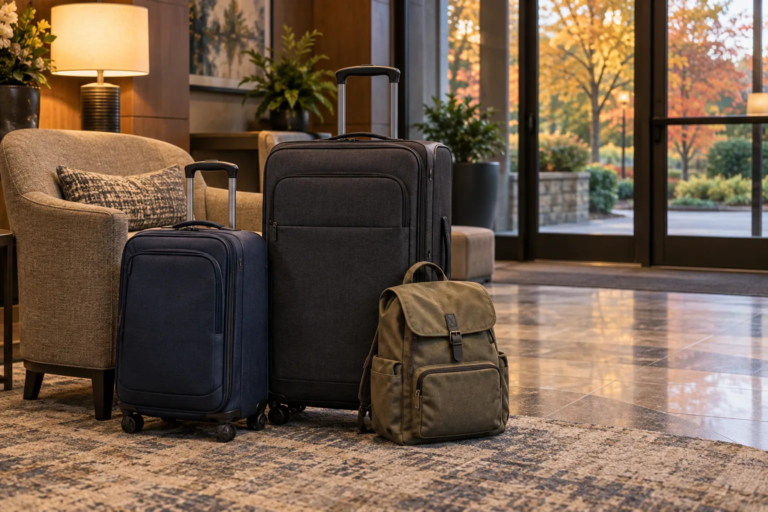 Luggage for an Oak Brook hotel stay - Go Chicago Limo Two rolling suitcases and a canvas backpack beside a hotel lounge chair