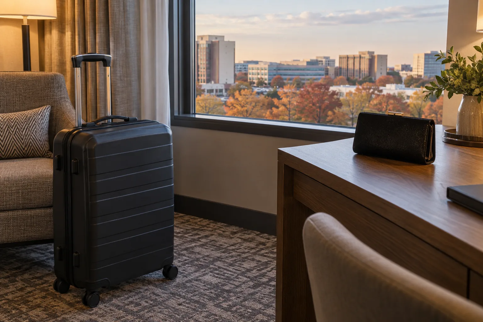 Travel luggage before a theatre evening - Go Chicago Limo Rolling suitcase and small evening clutch in a hotel room overlooking autumn trees
