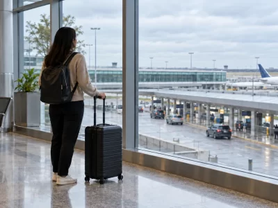 Traveler with a suitcase beside airport windows overlooking terminal roads