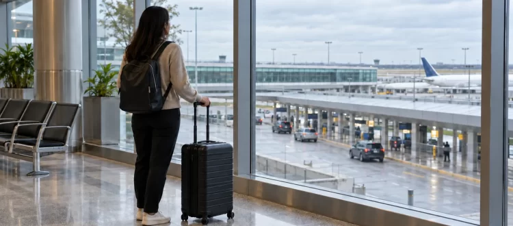 Traveler with a suitcase beside airport windows overlooking terminal roads