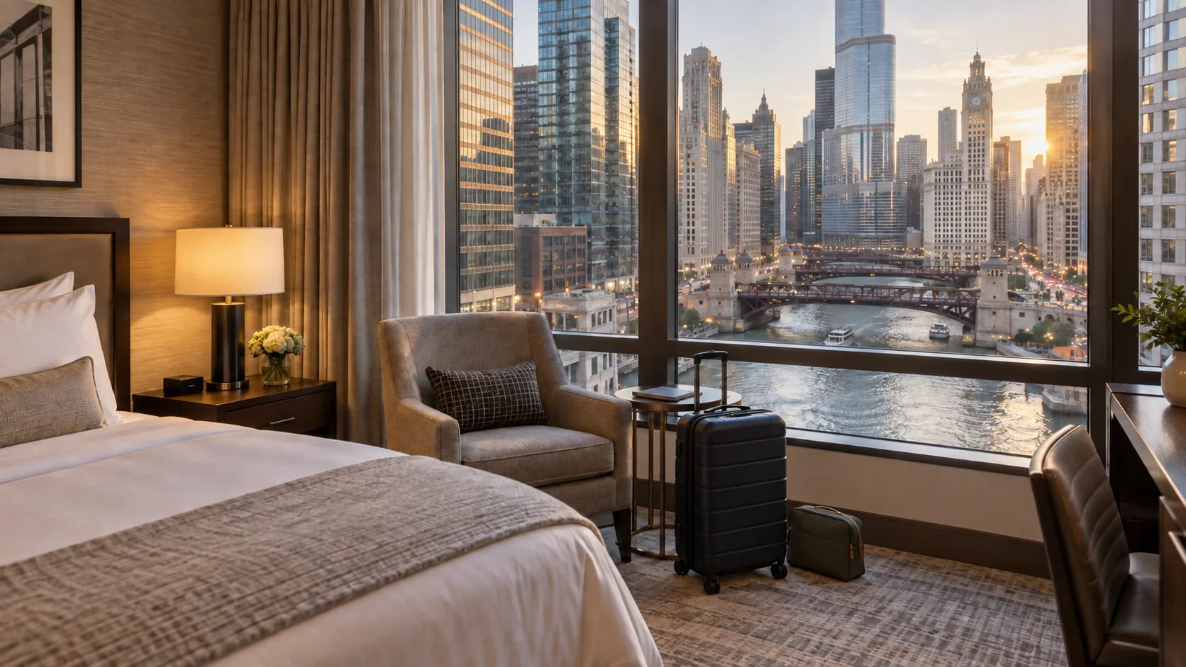 Chicago hotel destination after an overseas flight - Go Chicago Limo Suitcase and small travel bag beside a chair in a Chicago hotel room overlooking the river
