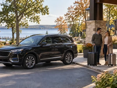 Couple with two suitcases beside a dark SUV at a lakeside resort entrance