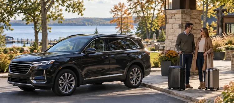 Couple with two suitcases beside a dark SUV at a lakeside resort entrance